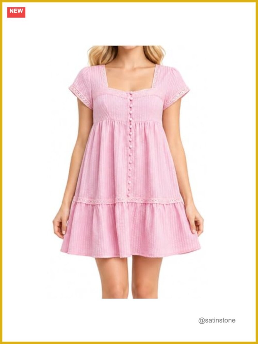 Summer Babydoll Mini Dress Square Neck Ruffle Short Sleeve Button Front Sundress